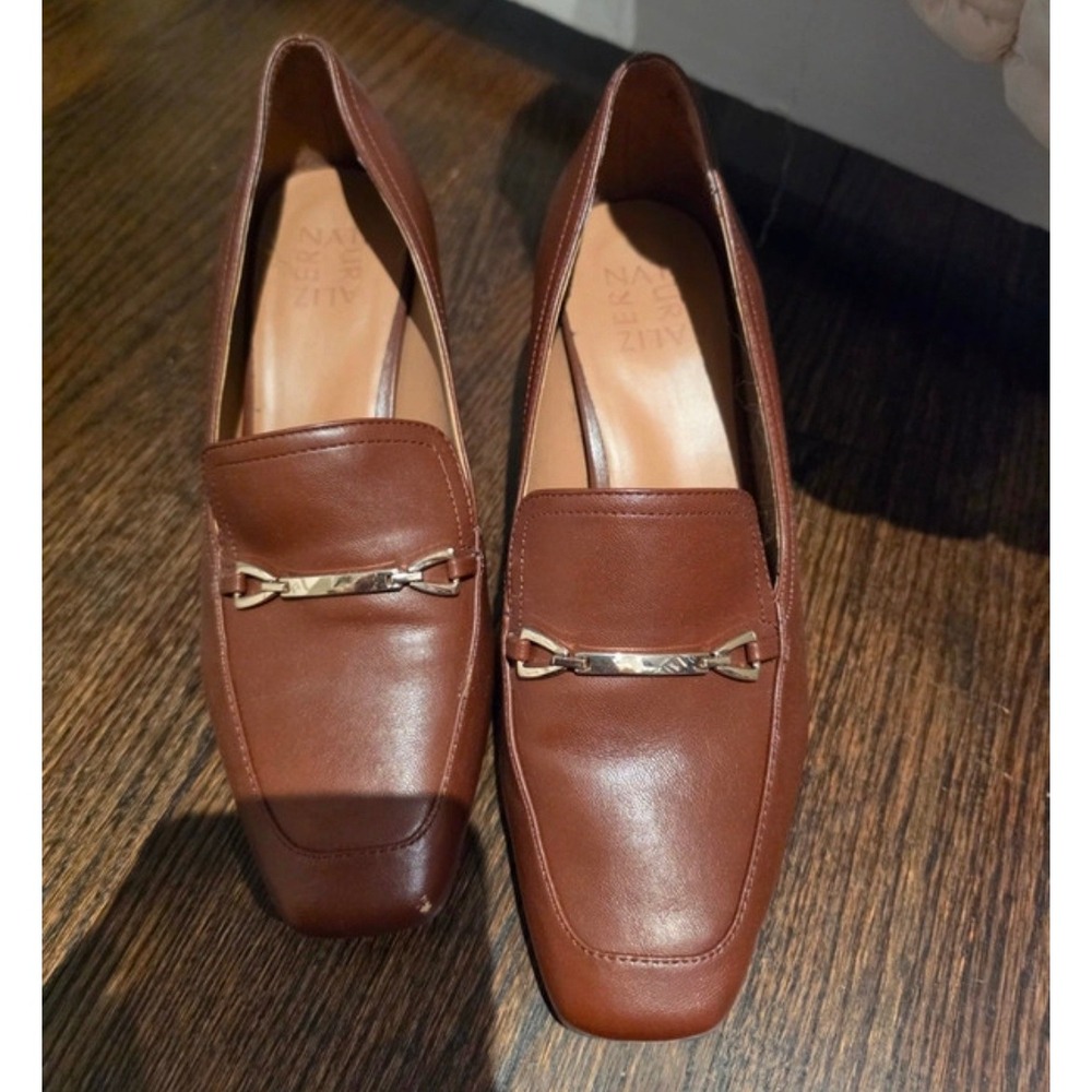 Naturalizer Brown Leather Block Heel Loafers Gold Bit Square Toe Pumps Size 9